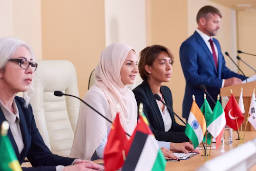 Global diplomatic summit and world leaders in session